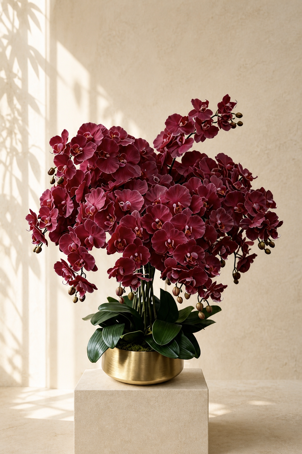 Merlot Cascade — Life-Like Silk Orchid in Gold Pot (16 Stems)