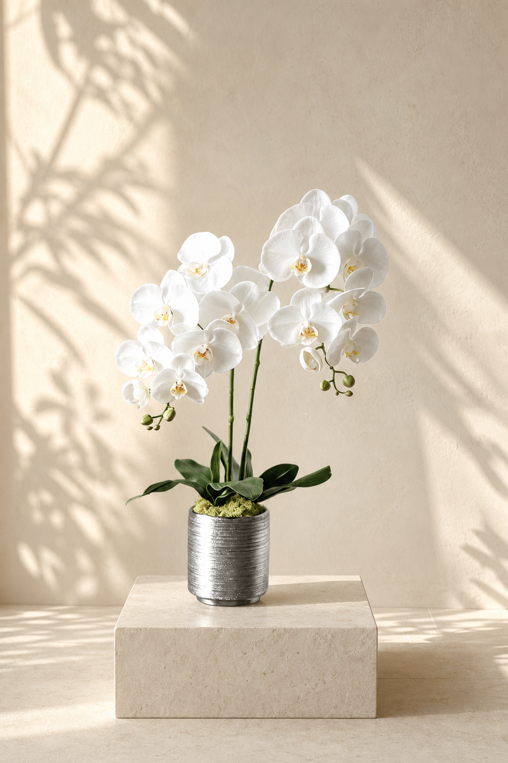 Porcelain Grace — Life-Like Silk Orchid in Silver Pot (2 Stems)