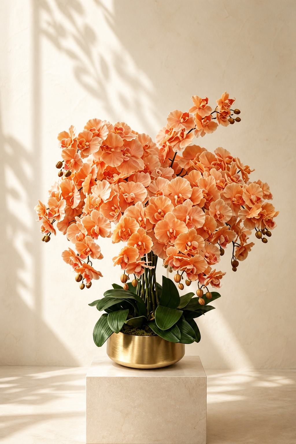 Apricot Bloom — Life-Like Silk Orchid in Gold Pot (16 Stems)