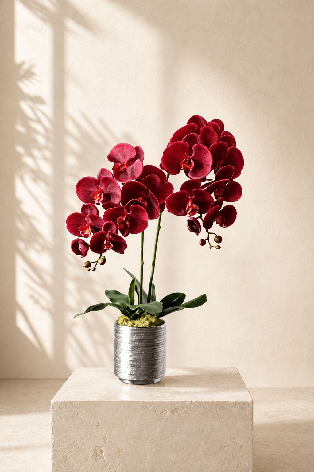 Crimson Reverie — Life-Like Silk Orchid in Silver Pot (2 Stems)