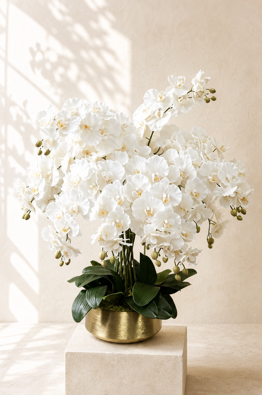 Ivory Grandeur — Life-Like Silk Orchid in Gold Pot (16 Stems)